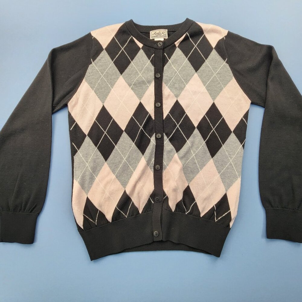 Argyle Button-Front Cardigan Sweater - Black & Pink